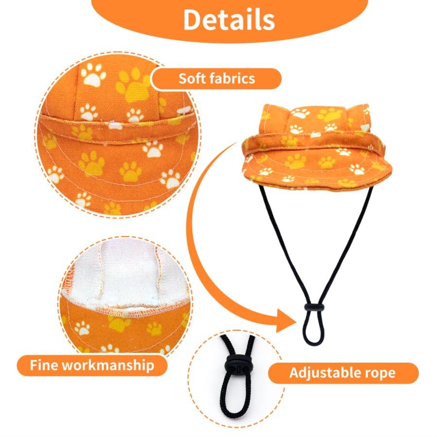 Pet Show Dog Paw Print Peaked Cap - Dog, Cat & Rabbit Sun Hat With Ear Holes - Adjustable Drawstring - Orange/Xxs