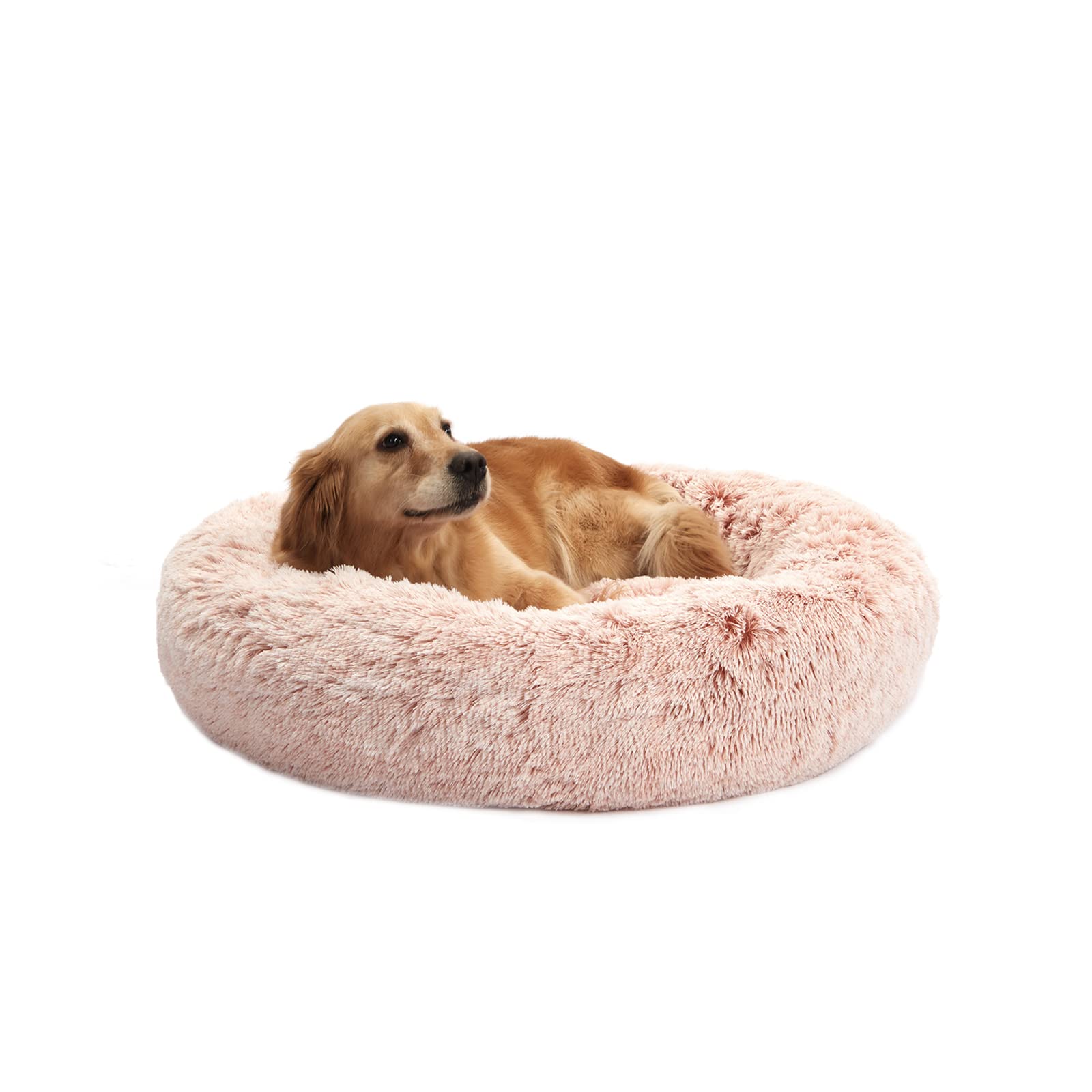 Bedfolks Calming Donut Dog Bed, 36 Inches Round Fluffy Dog Beds For Large Dogs, Anti-Anxiety Plush Dog Bed, Machine Washable Pet Bed (Pink, Large)