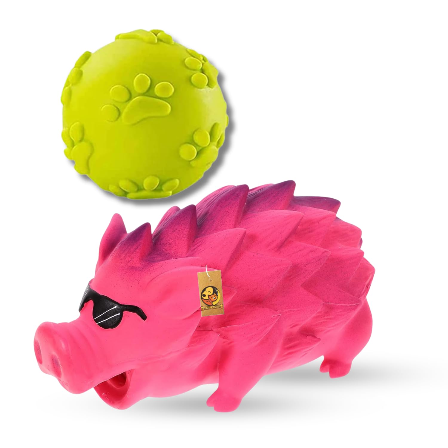 Foodie Puppies 2 in1 Latex Squeaky Chew Dog Toy Combo (Claw Ball + Pink Goggle Pig) | NonToxic Interactive Durable Fetch Soft &