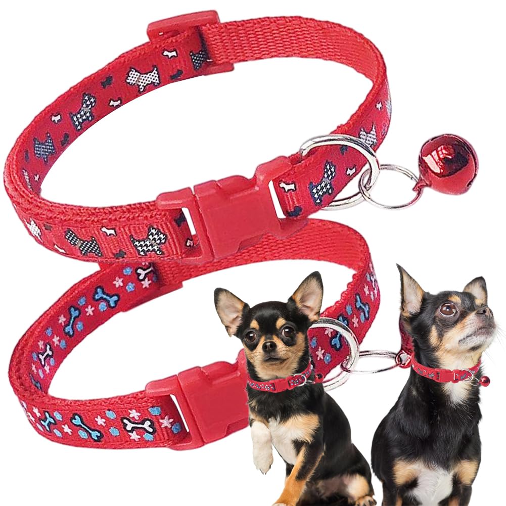 Red Xxs Dog Collar With Bell, 2 Pack Puppy Collar With Bell, Nylon Cute Female Cat Collars Adjustable Xxsmall Xs Little Small Gi