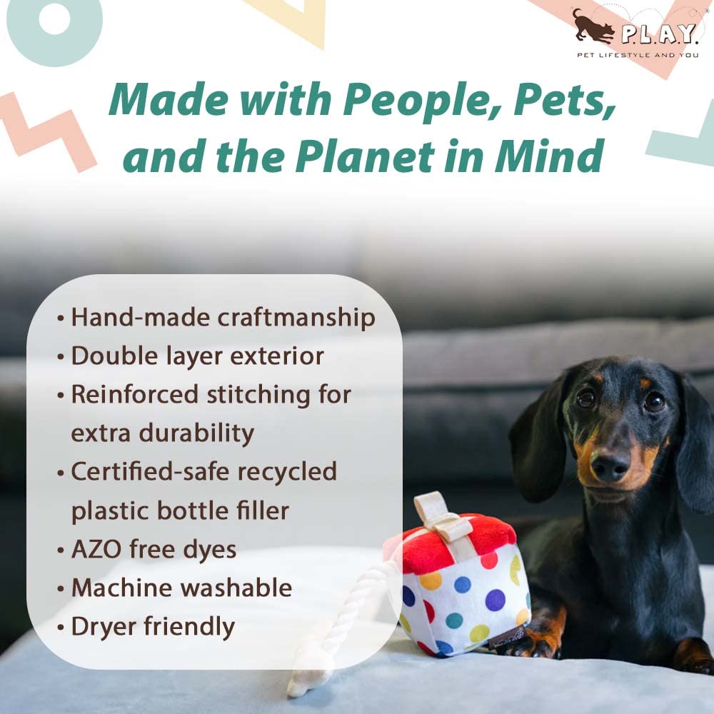 P.L.A.Y. Cute Plush Dog Toy - Birthday Party Celebration Themed Durable Squeaker Chew Toy, Great For Puppies & Small, Medium, La