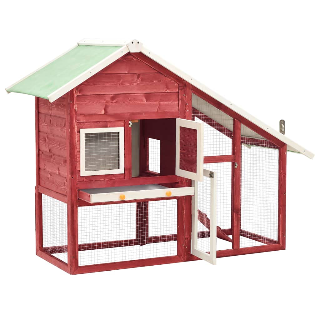 vidaXL Solid Firwood Rabbit Hutch, Red and White, 55.1&quot;x24.8&quot;x47.2&quot;, 2-Layer, Wire Mesh, Water-Resistant Roof, Easy-Clean Tray, Indoor-Outdoor Pet House for Rabbits & Small Animals