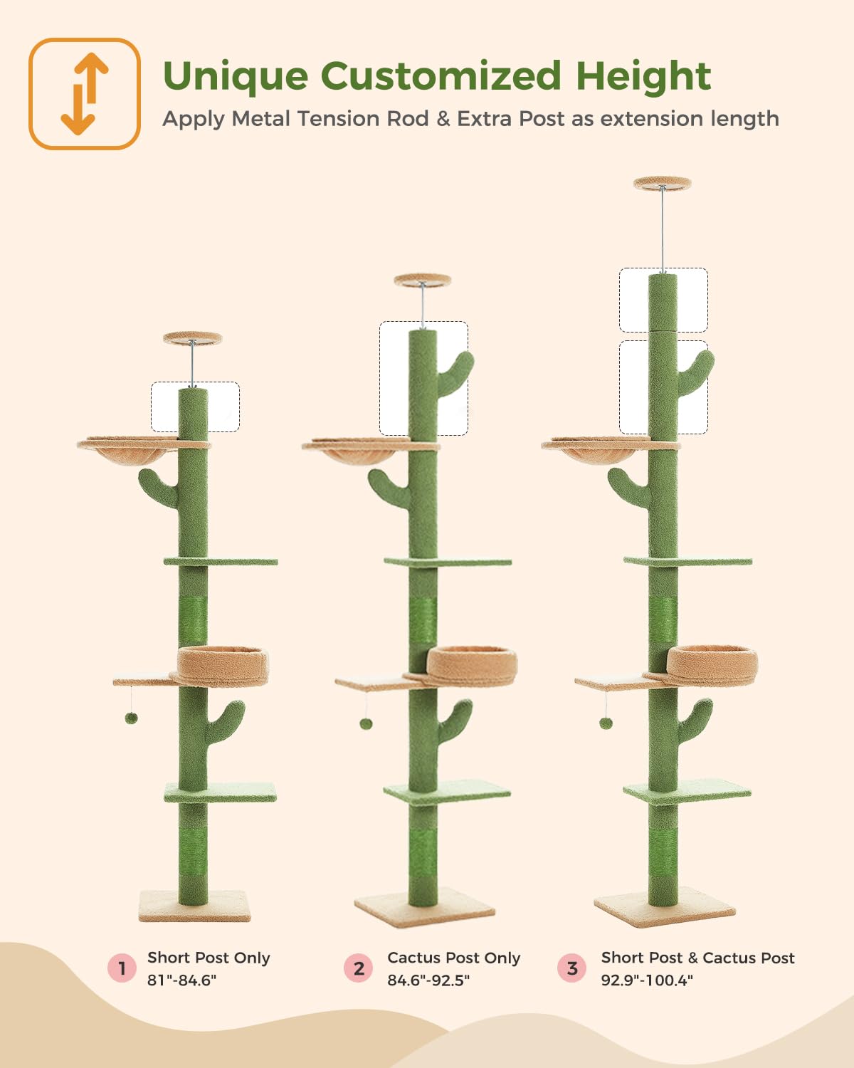 Petepela Floor To Ceiling Cat Tree [87''-100''] Height Adjustable, 5 Levels Cactus Cat Tower With Perch&Replaceable Hammock(Visi