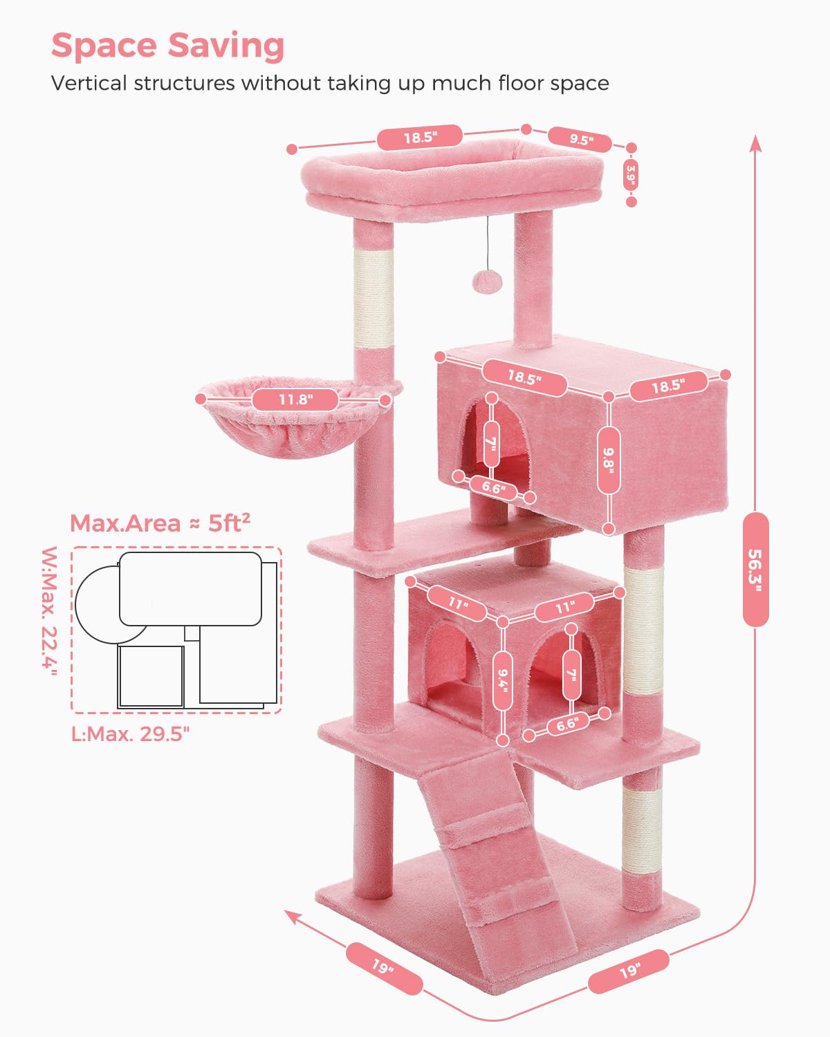Muttros Pink Cat Tree For Large Cats With Super Large Top Perch,56.2'' Multi-Level Tower For Indoor Cats With Hammock, Cat Shelv