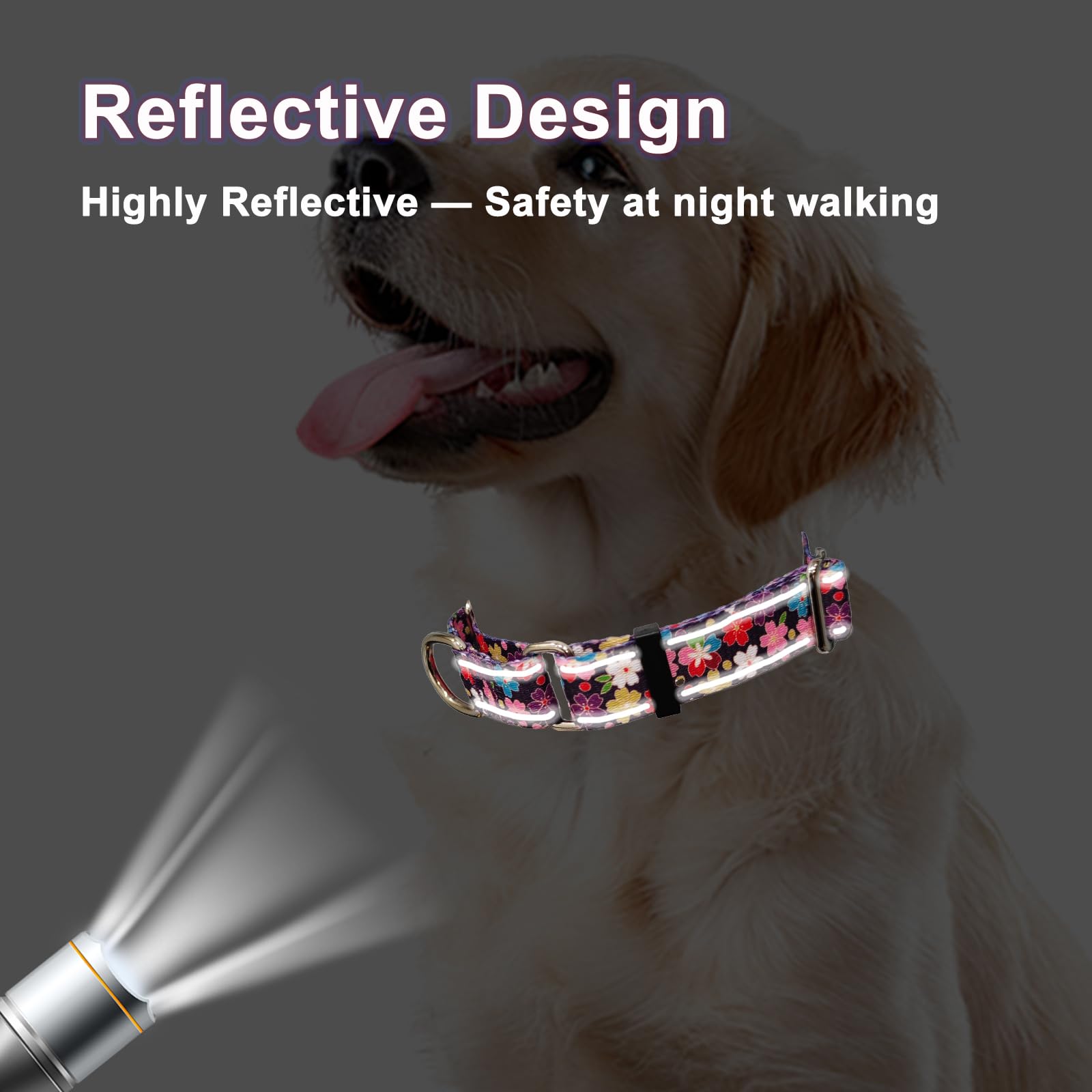 Fidohug Reflective Martingale Collar For Dogs With Buckle Pretty Fancy Female Floral Dog Collars (Japanese Blossoms, Medium)