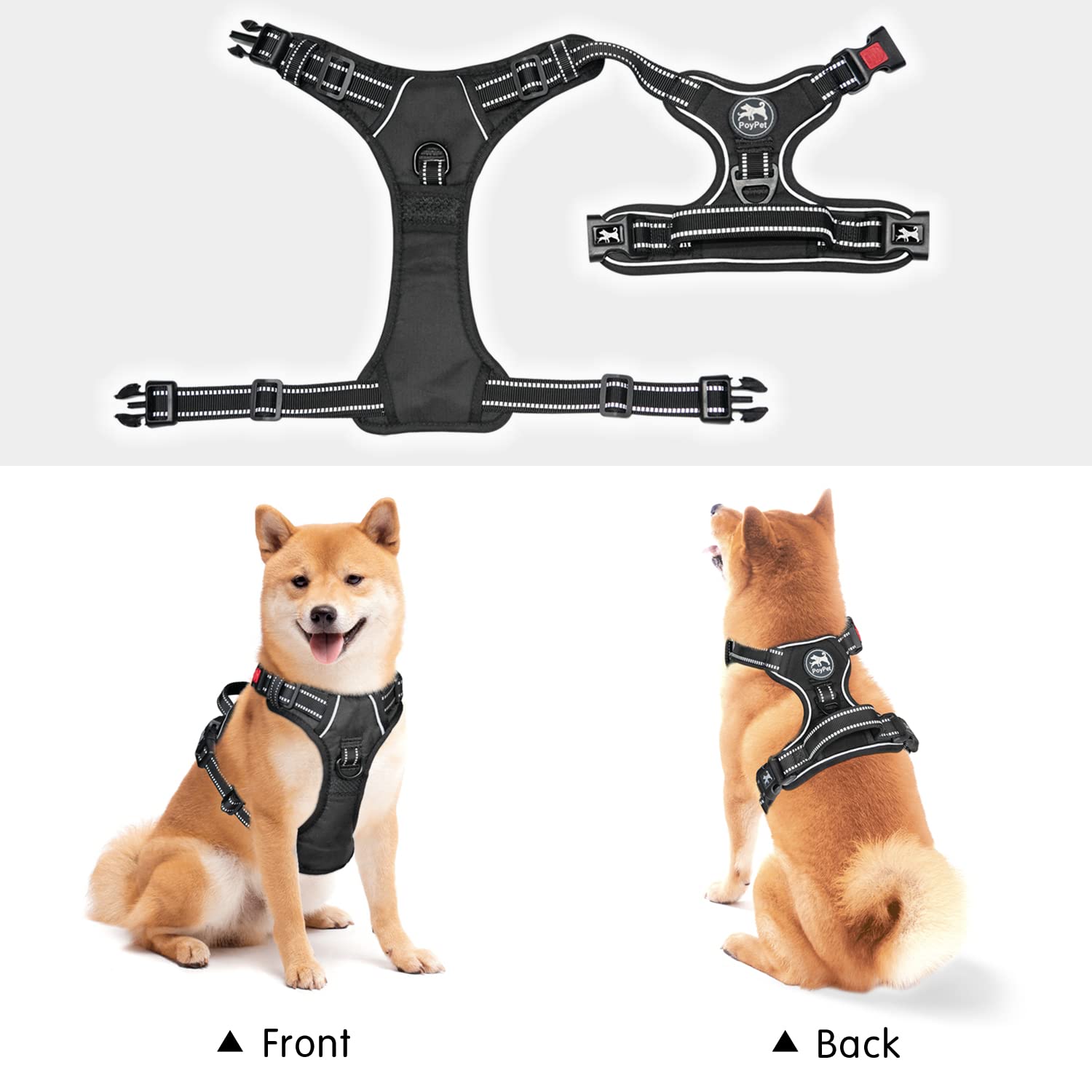 PoyPet No Pull Dog Harness, Adjustable Soft Padded Vest, Medium, Black, Reflective, Model 007073-FBA