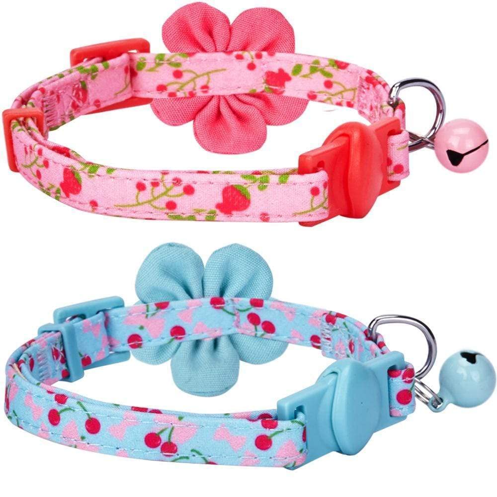 Blueberry Pet Pack Of 2 Cat Collars, Lovely Cherry And Floral Prints Adjustable Breakaway Cat Collar With Flower & Bell, Neck 9