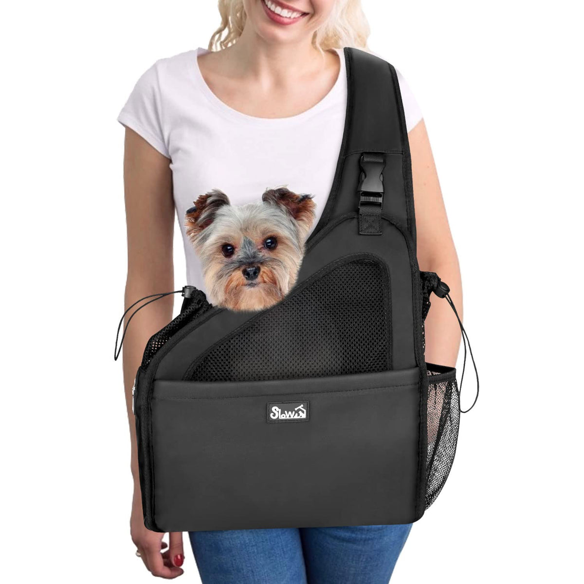 Slowton Pet Dog Sling Carrier, Hands Free Hard Bottom Papoose Small Animal Puppy Up To 12 Lbs Travel Bag Tote Breathable Mesh Support Adjustable Padded Strap Pocket Safety Belt Machine Washable