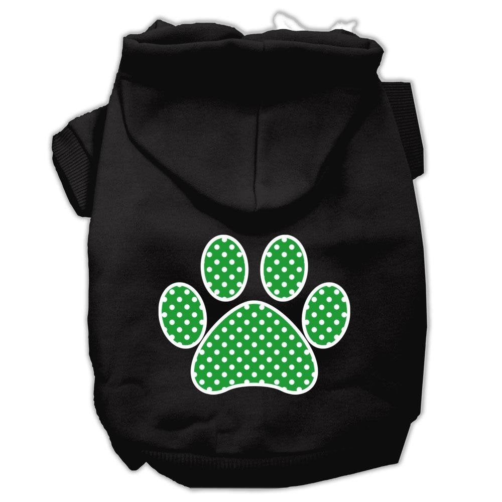 Pet Dog & Cat Hoodie Screen Printed, 'Green Swiss Dots Paw' Black Lg (10-14 Lbs.)