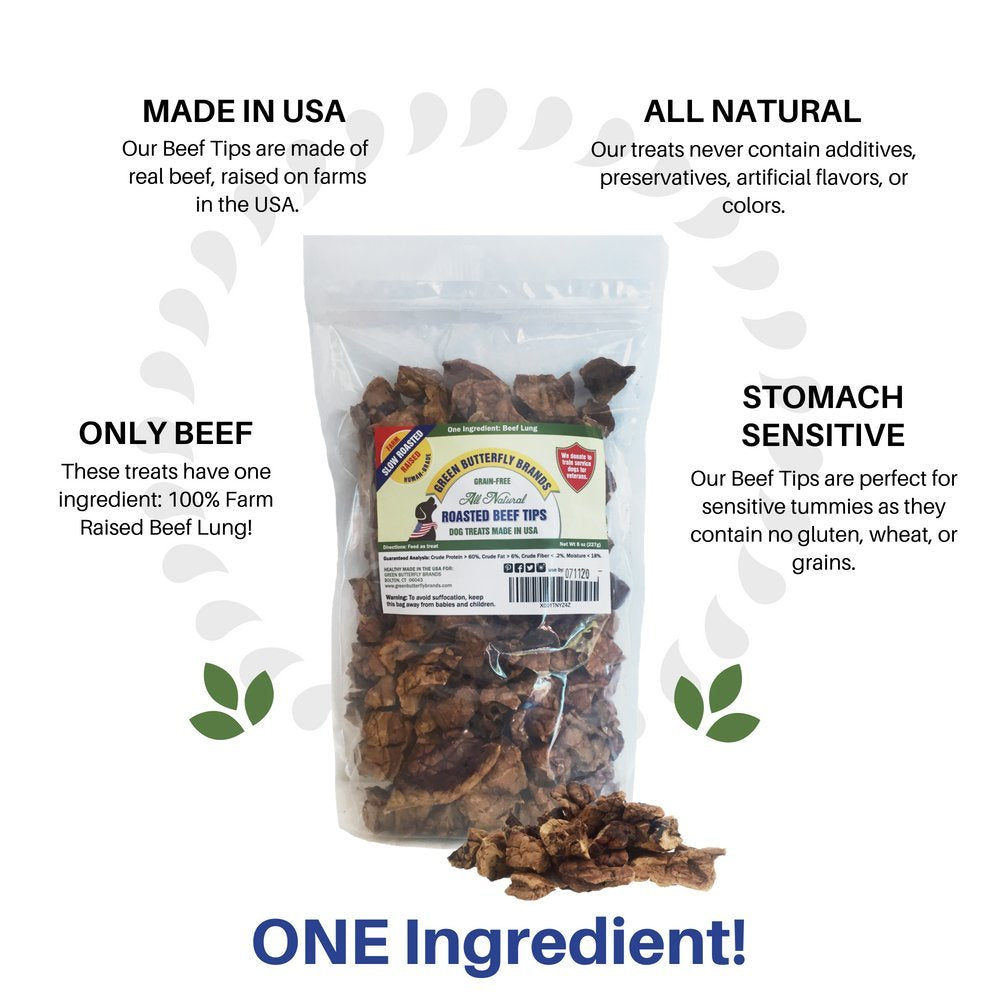Green Butterfly Brands Premium Dog Treats Made in USA Only Natural, Meaty Beef Tips Slow Roasted, Crunchy American Beef Farm Rai