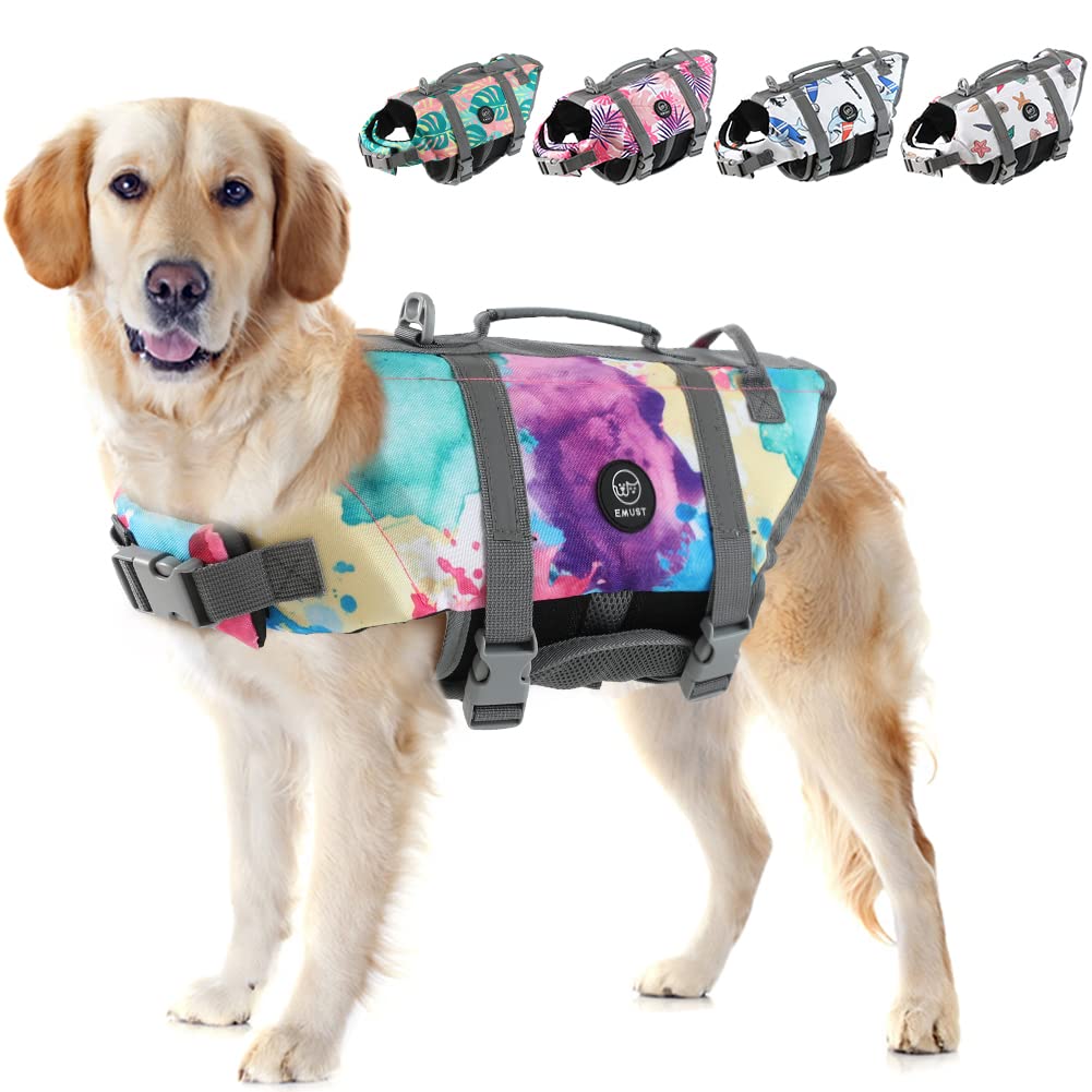 Emust Dog Life Vests, Adjustable Dogs Life Jacket With Rescue Handle, Dog Flotation Vest For Small/Medium/Large Dogs, Xs, Multic