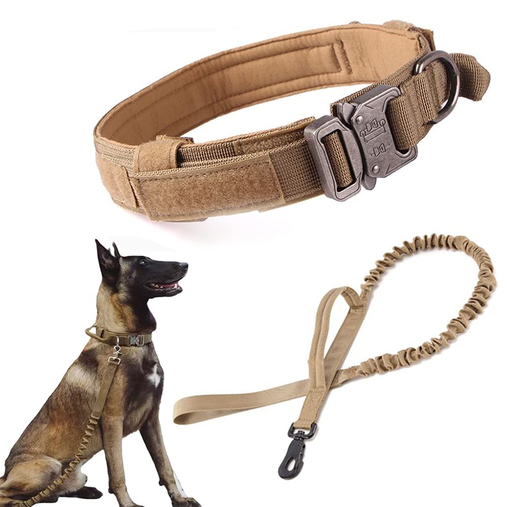 Tactical Dog Collar And Leash Set Tactical Dog Collar With Handle Bungee Leash Adjustable Military Training Nylon Collar Dog Training Collar Leash Set With Control Handleand Metal Buckle (Brown Xxl