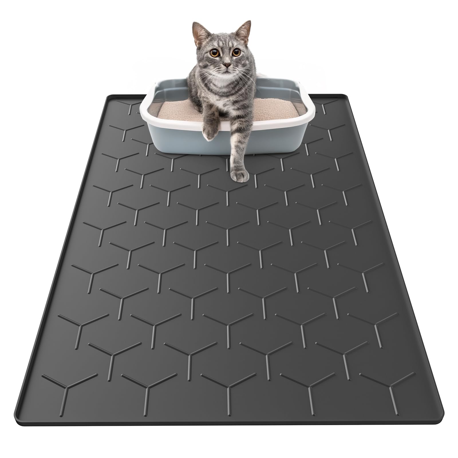 Garoopion Silicone Cat Litter Trapping Mat, Large Waterproof 34'' X 22'' Cat Litter Box Mat, Easy To Clean, Black