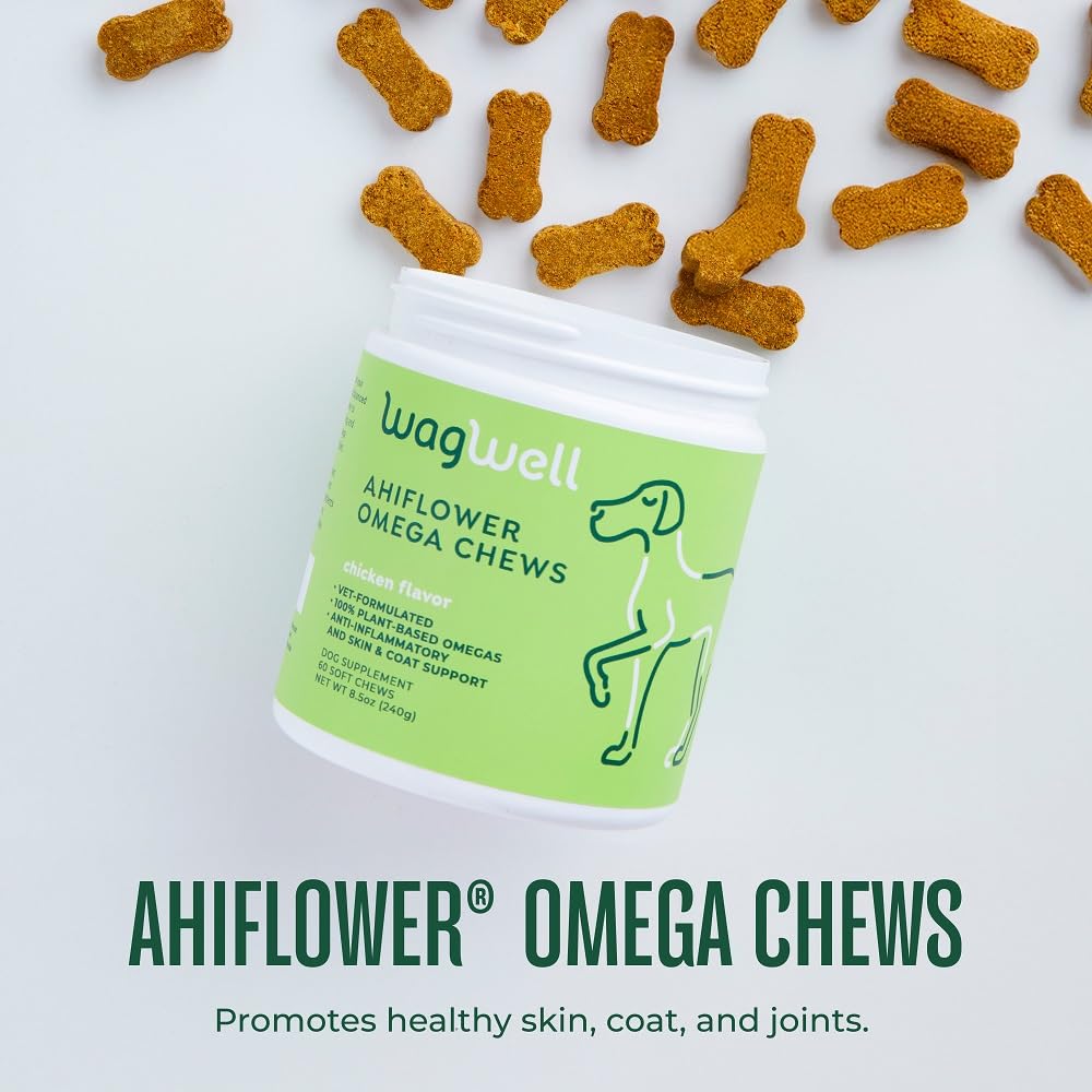 WagWell Ahiflower Omega Oil Dog Chews - Vet-Formulated Skin, Coat, Hip and Joint - Plant-Based Omega 3, 6 and 9 Supplement - Nat