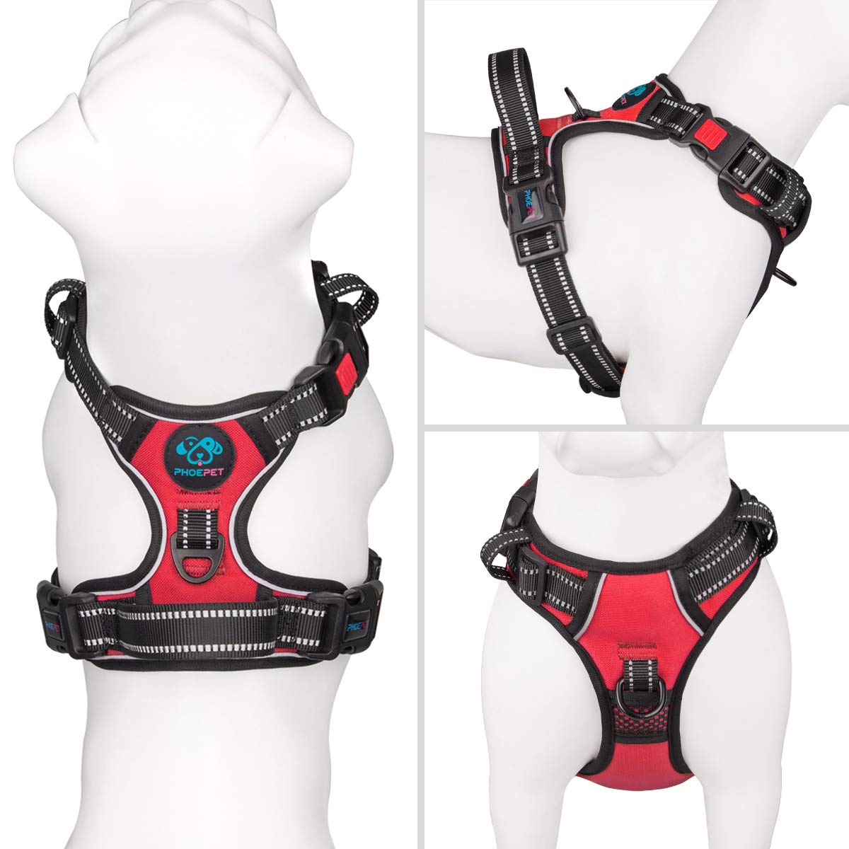 Phoepet Reflective Dog Harness Large Breed Adjustable No Pull Vest With With Handle 2 Metal Rings 3 Buckles [Easy To Put On & Take Off](L, Red)