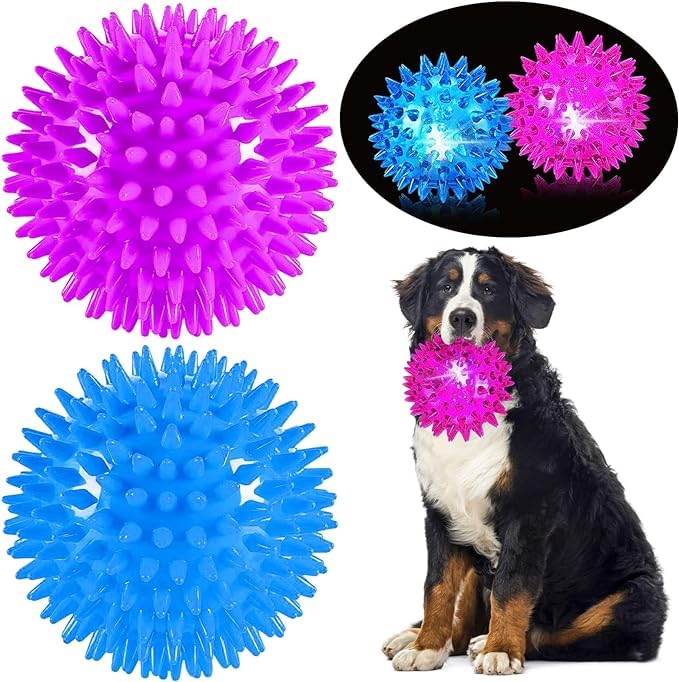 RvPaws 2 Pcs Light Up Squeaky Dog Balls 4.5 Inch Led Balls for Aggressive Chewers Dogs, Large Chew Toys for Teething, Spikey Dog