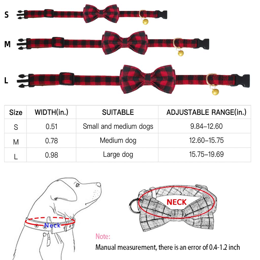Kudes Plaid Dog Collar With Bow, 2 Pack/Set Adjustable Dog Bow Tie Collars With Bell, Best Pet Gift For Small Medium Large Girl And Boy Dogs, Red & Black
