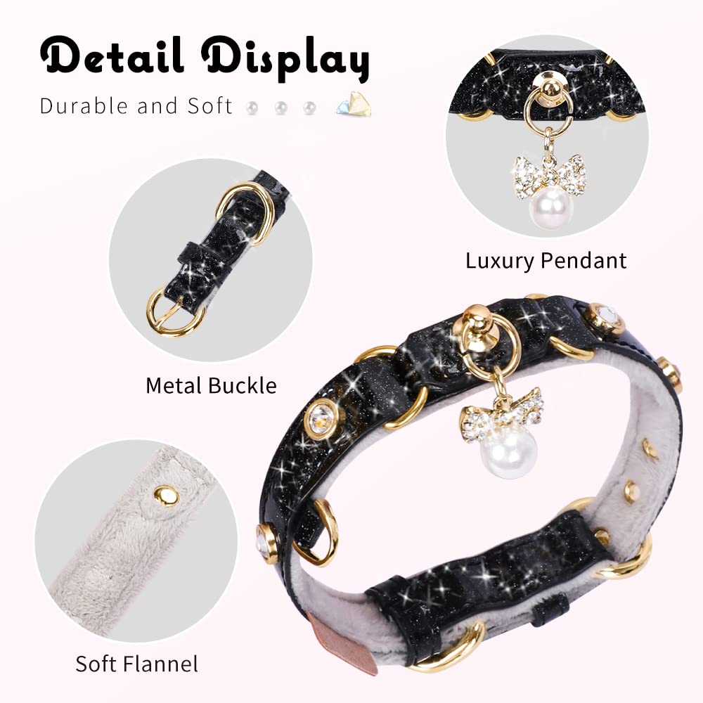 PetsHome Adjustable Cat & Dog Collar - Bling Rhinestones, PU Leather, Small, Black, Model PH-US-3085-Pet-Collar-S-BK