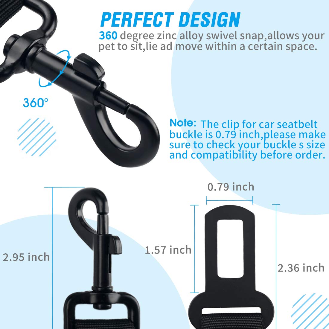 Cooyoo 3 Piece Set Retractable Dog Car Adjustable Pet Seat Belt For Vehicle Nylon Pet Safety Seat Belts Heavy Duty & Elastic & D