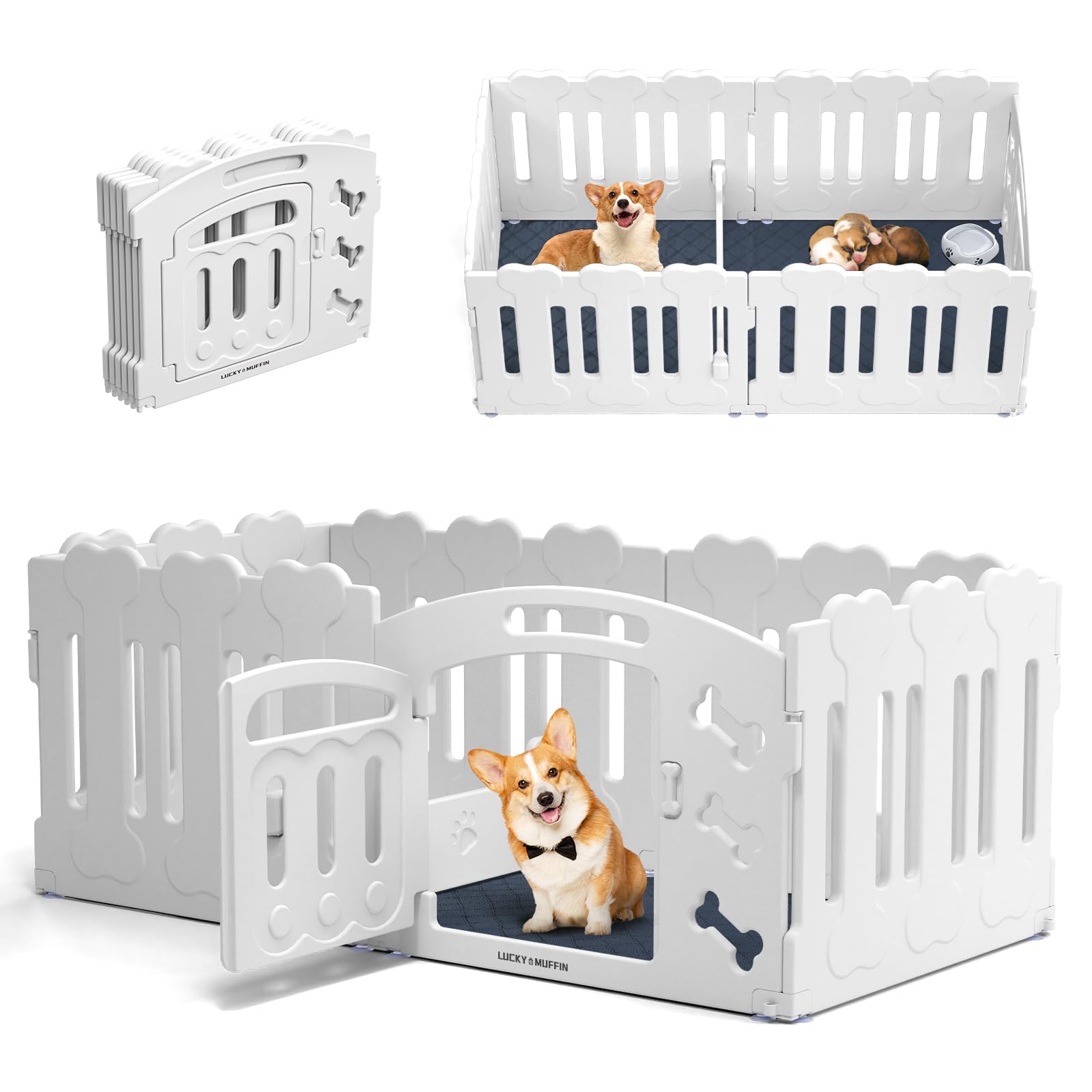 Lucky Muffin Dog Playpen With Door & Whelping Box, 6-Panel Lightweight Plastic Fence For Small To Medium Pets, Indoor/Outdoor Us