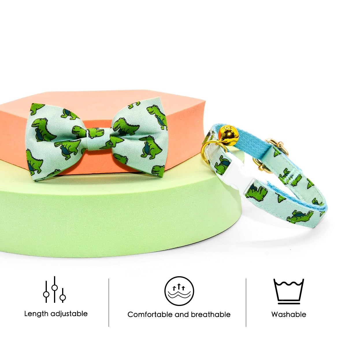 Dinosaur Cat Breakaway Collar Bow Tie With Bell, Safety Buckle Collar Bowtie For Cats