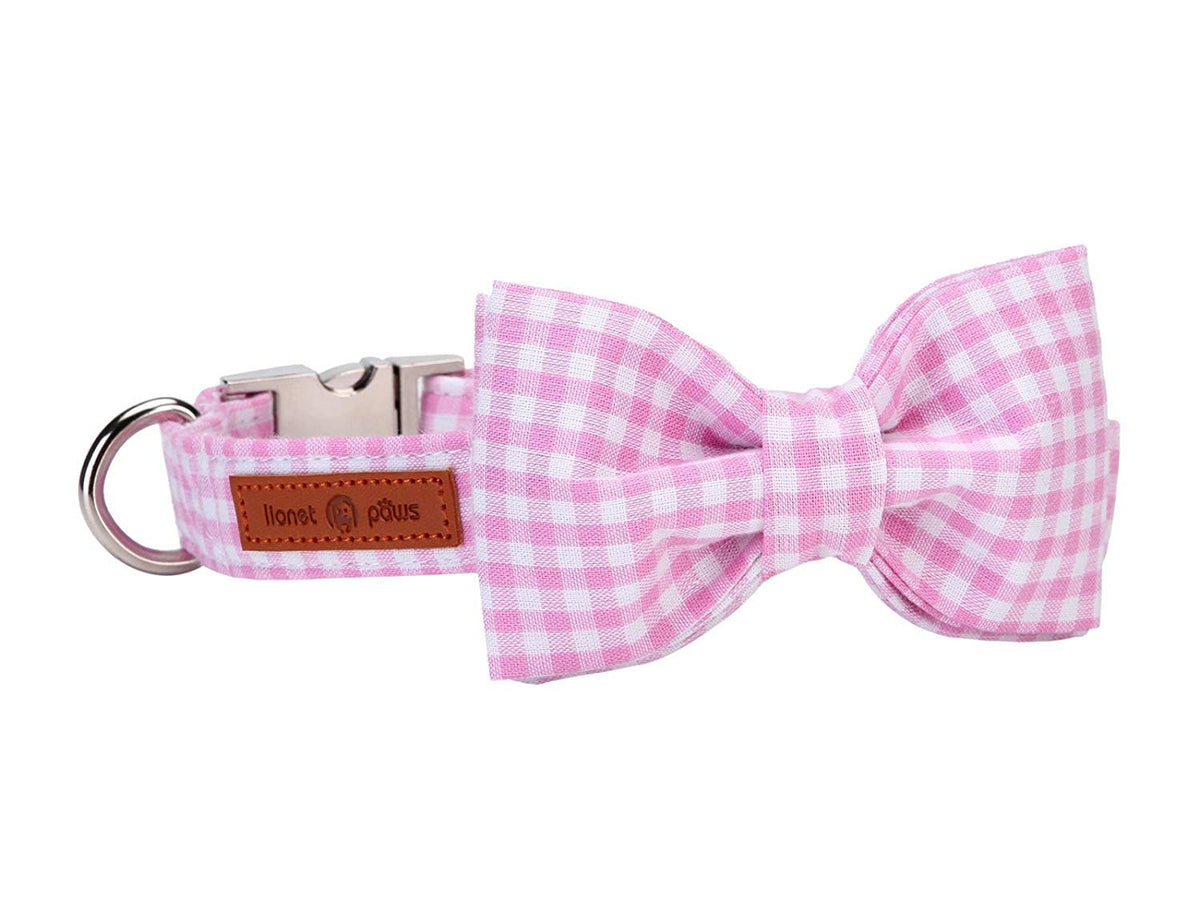 Lionet Paws Dog Collar With Bowtie, Comfortable Adjustable Cute Pink Gingham Bow Tie Collar For Female Puppies And Cats Gift, Xxs, Neck 7-11 Inches