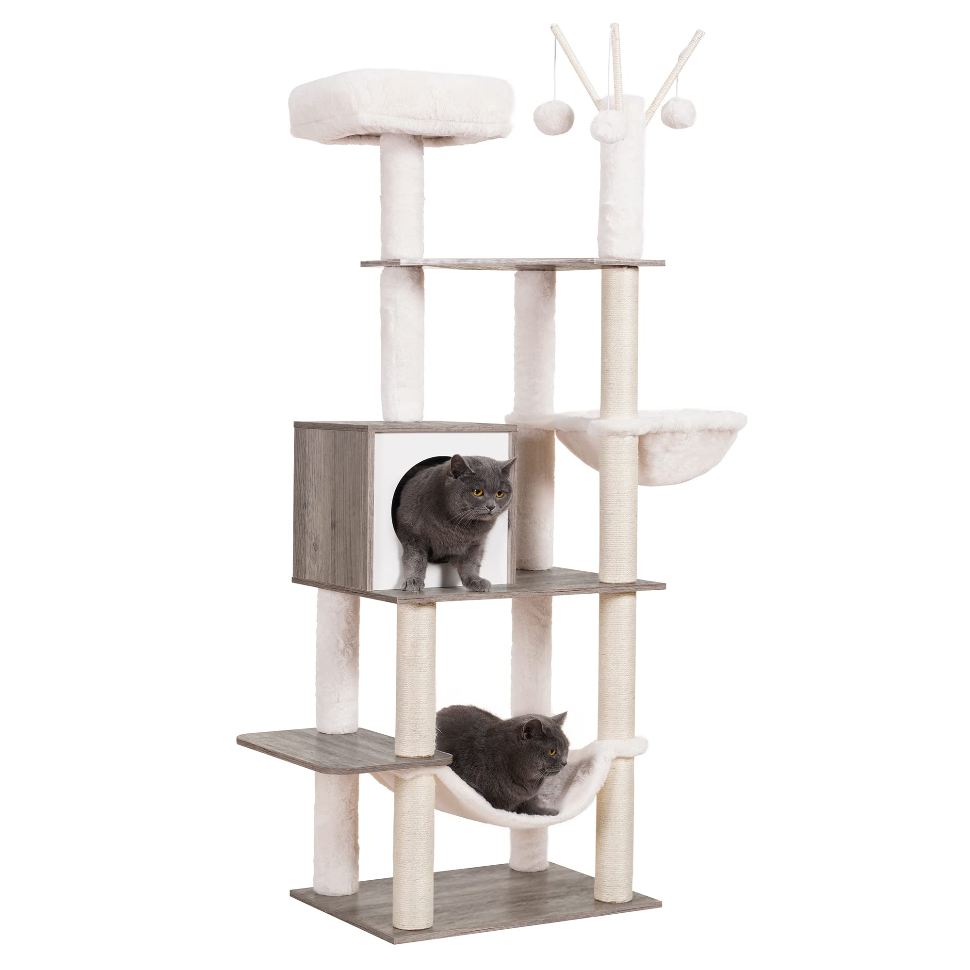 Hey-Brother Wooden Cat Tree, 66.1 Cat Furniture With Scratching Posts, Modern Cat Tower With Hammocks, Toys, Cat Condo, Rustic G