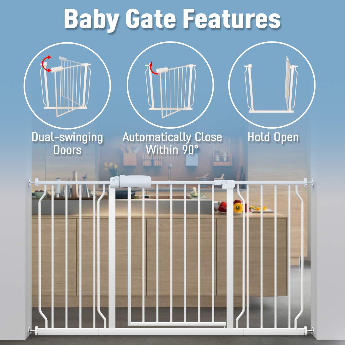 ALLAIBB Extra Wide Pressure Mount Baby Gate Auto Close White Metal Child Dog Pet Safety Gates with Walk Through for Stairs,Doorw