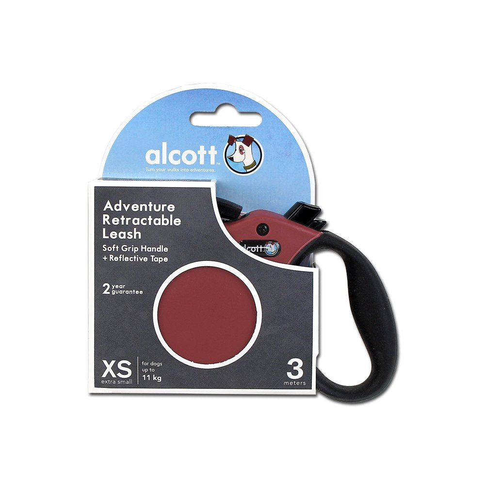 Alcott Adventure Retractable Reflective Belt Leash, 10' Long, Extra Small For Dogs Up To 25 Lbs, Red With Black Soft Grip Handle