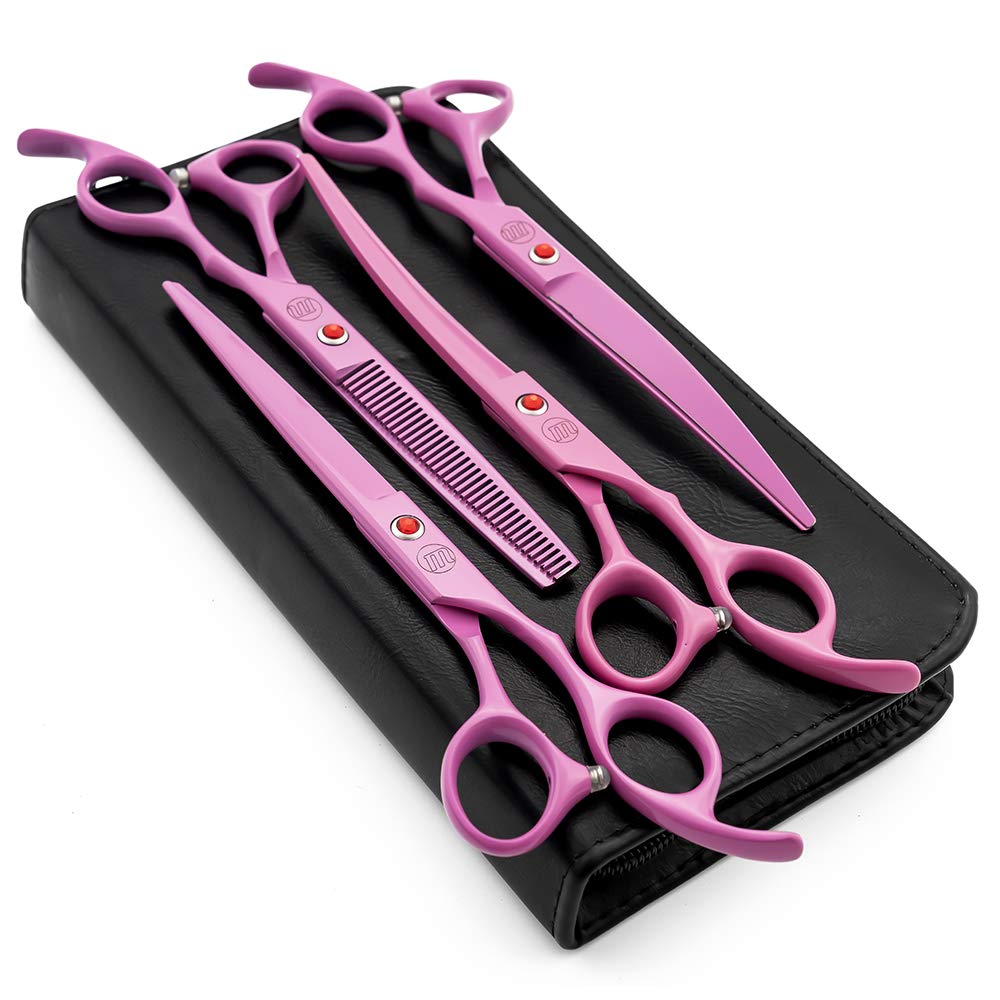Moontay Professional 7.0' Dog Grooming Scissors Set, 4-Pieces Straight, Upward Curved, Downward Curved, Thinning/Blending Shears For Dog, Cat And Pets, Jp Stainless Steel, Pink