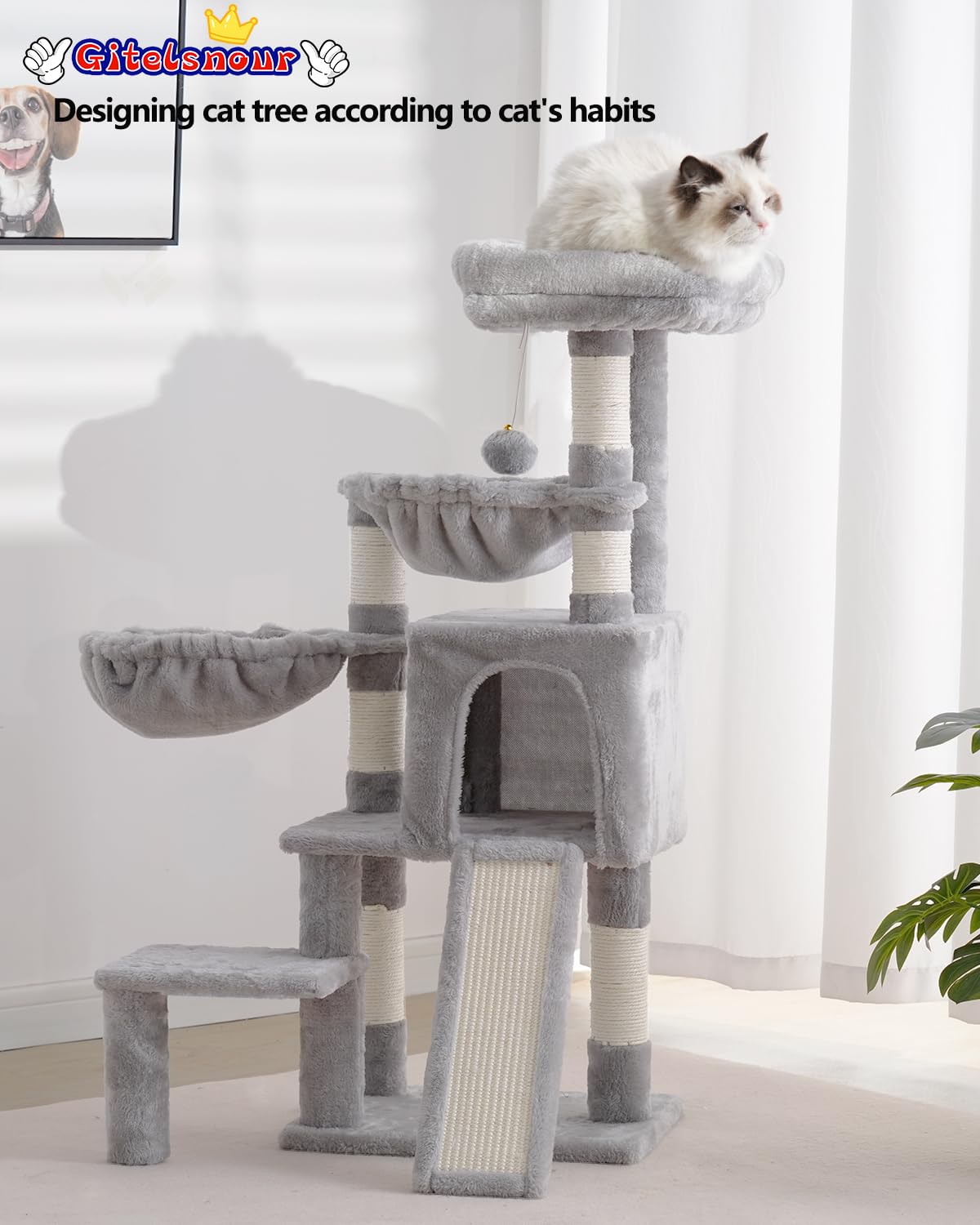 Gitelsnour Cat Tree, Cat Tower With Condo, 2 Baskets, Large Platform, Scratch Board, Cat Scratching Posts For Indoor Cats, Light
