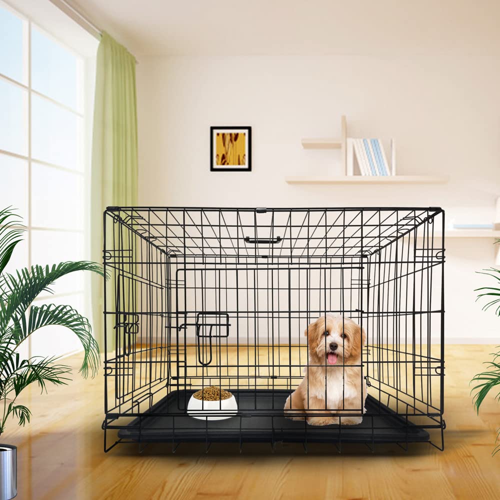 Dog Crate 30 Inch,Large Metal Dog Cage With 2 Doors (Front & Side),Folding Metal Training Crate With Chew Resistant Plastic Dog Crate Tray
