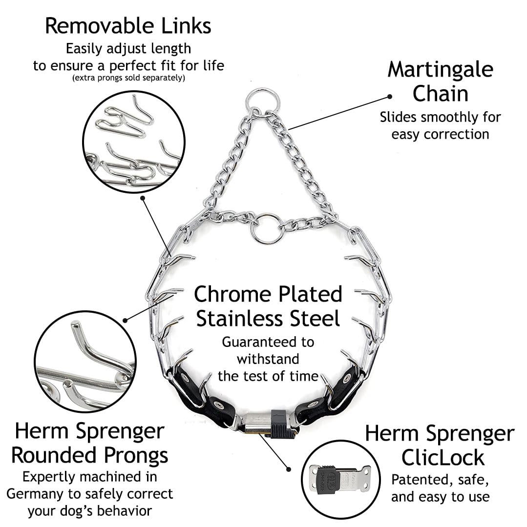 Herm Sprenger Prong Collar For Dog Training With Easy Quick Release Cliclock & Oring - German Made Dog Collar With Chrome Plated