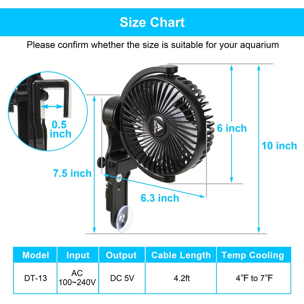 Datoo Aquarium Chillers Fish Tank Cooling Fan Quiet Aquarium Fan Wind Angle Adjustable Chiller With Clip And Suction Cup