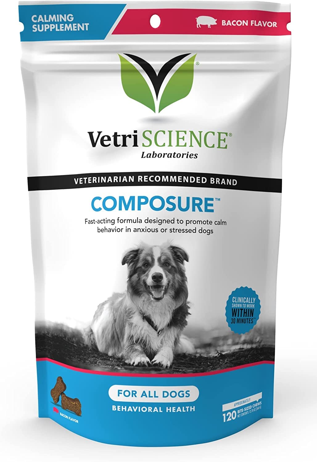 Vetriscience Composure Calming Chews For Dogs - Clinically Proven Dog Anxiety Relief Supplement With Colostrum, L-Theanine & Vitamin B1 For Stress, Storms, Separation & More - 120 Count, Bacon Flavor