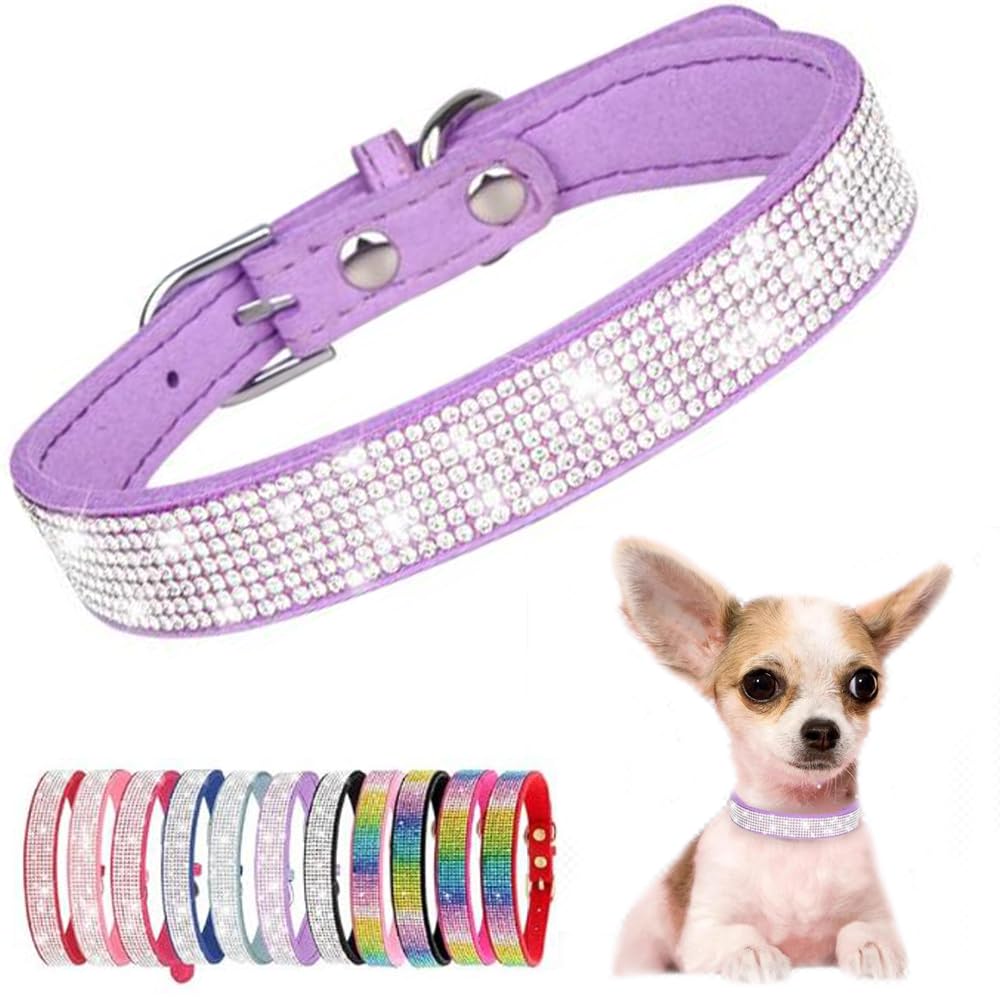 Purple Rhinestone Dog Collars, Girl Puppy Collar Diamond Cat Collars Female Sparkly Sparkle Jewelry Cute Adjustable For Xxs Xs S