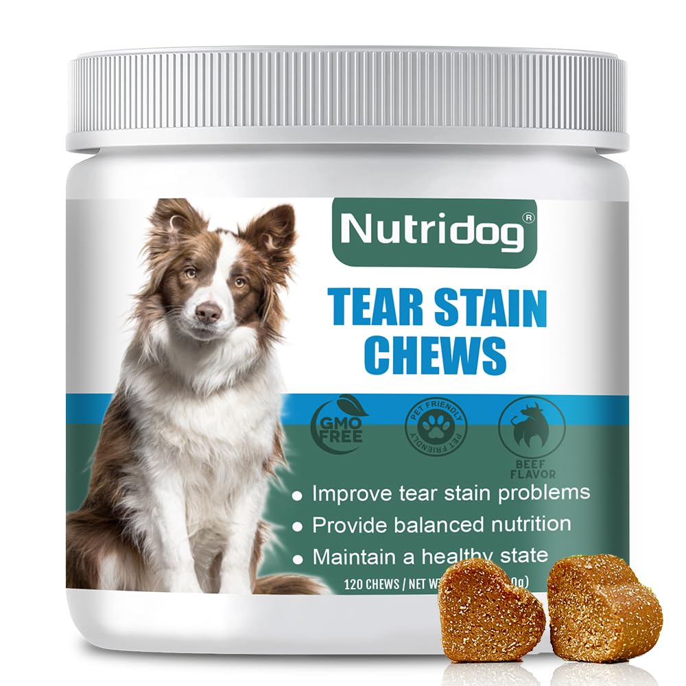 Nutridog Tear Stain Chews for Dogs - Dog Tear Stain Remover & Supplement with Antioxidant Blend, Vitamin C, Lutein - 120ct Beef 