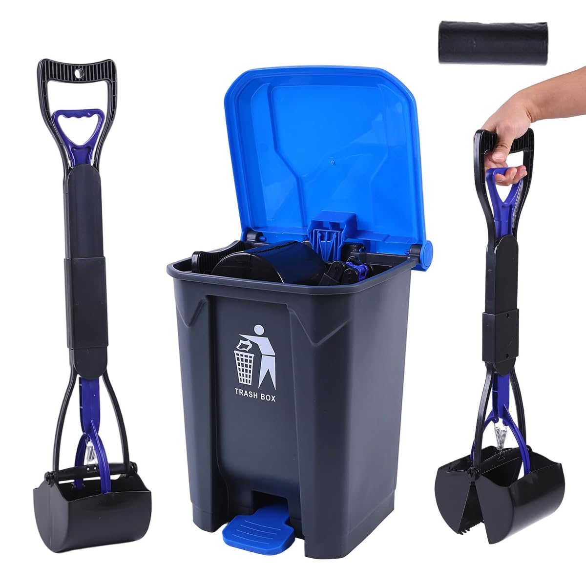 Pooper Scooper 2 Pack with 20 Litre Step Dog Poop Trash Can, 28 Long Handle Dog Poop Scoopers for Large Small Dogs Heavy Duty, R