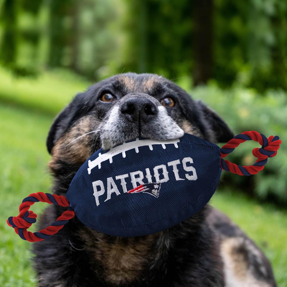 Pets First NFL New England Patriots Football Dog Toy, Tough Quality Nylon Materials, Strong Pull Ropes, Inner Squeaker, NFL Team