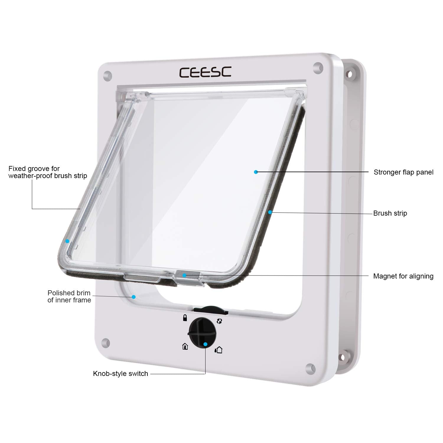 Ceesc Cat Doors, Magnetic Pet Door With Rotary 4 Way Lock For Cats, Kitties And Kittens, Upgraded Version (Medium, White)