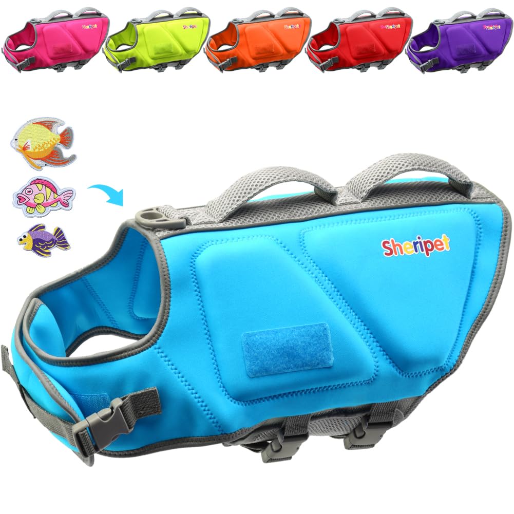 Sheripet Dog Life Jacket For Large Dogs, Dog Life Vest For Swimming With Three Fashion Fabric Patches, Adjustable Dogs Swimsuit 