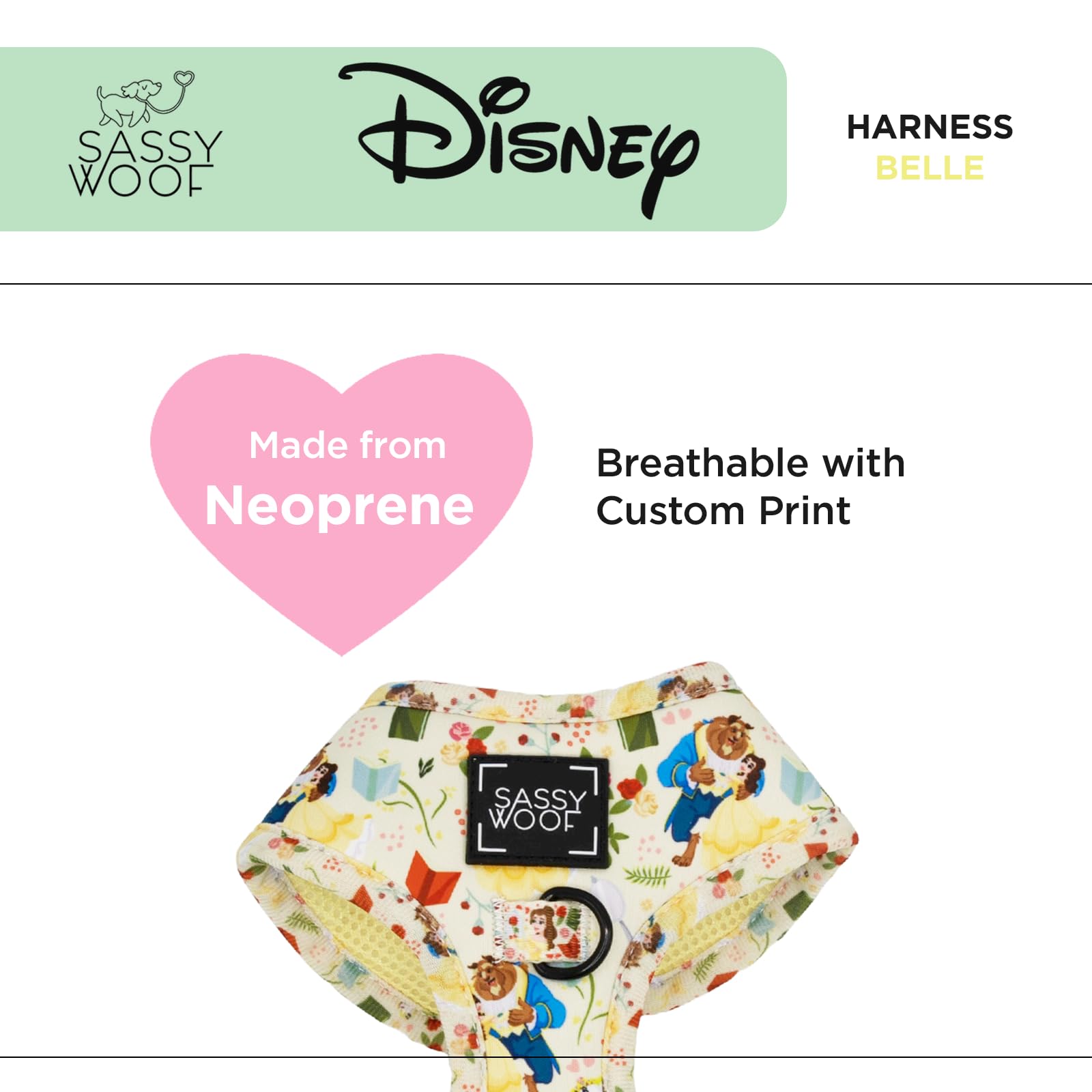Sassy Woof Dog Adjustable Harness - Disney Princess Beauty And The Beast Belle - M, Breathable Mesh, No Pull Design With Two D-R
