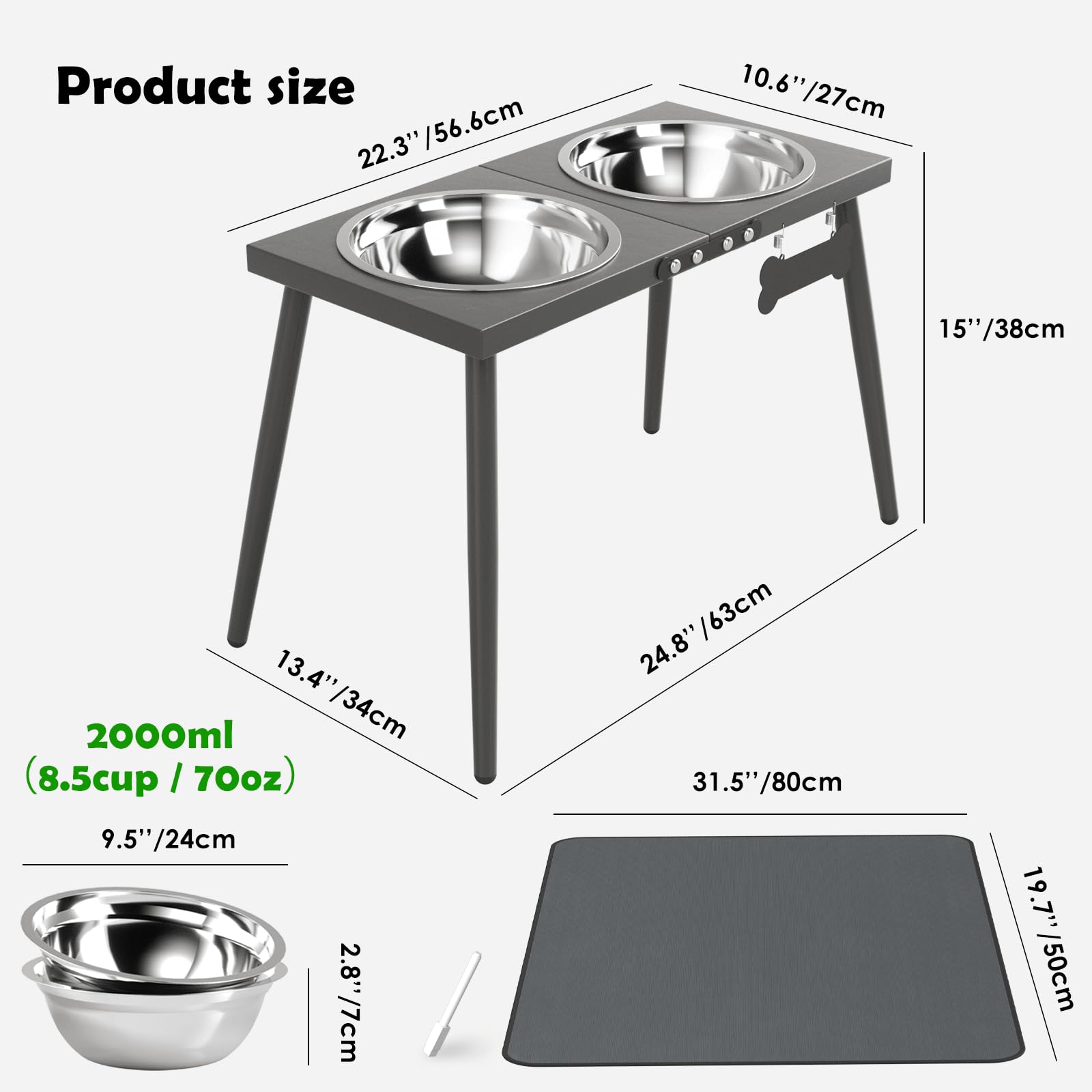 Adengl Elevated Dog Bowls For Large Extra Large Dogs, Raised Dog Bowl Stand With Sprill Proof Mat And Dog Bowls (2000Ml/70Oz), D