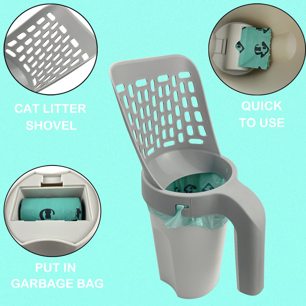 Esamploe Cat Litter Scooper With Trash Container,Portable Litter Scoop Holder,Litter Scoop With Holder Provides 215 Garbage Bags