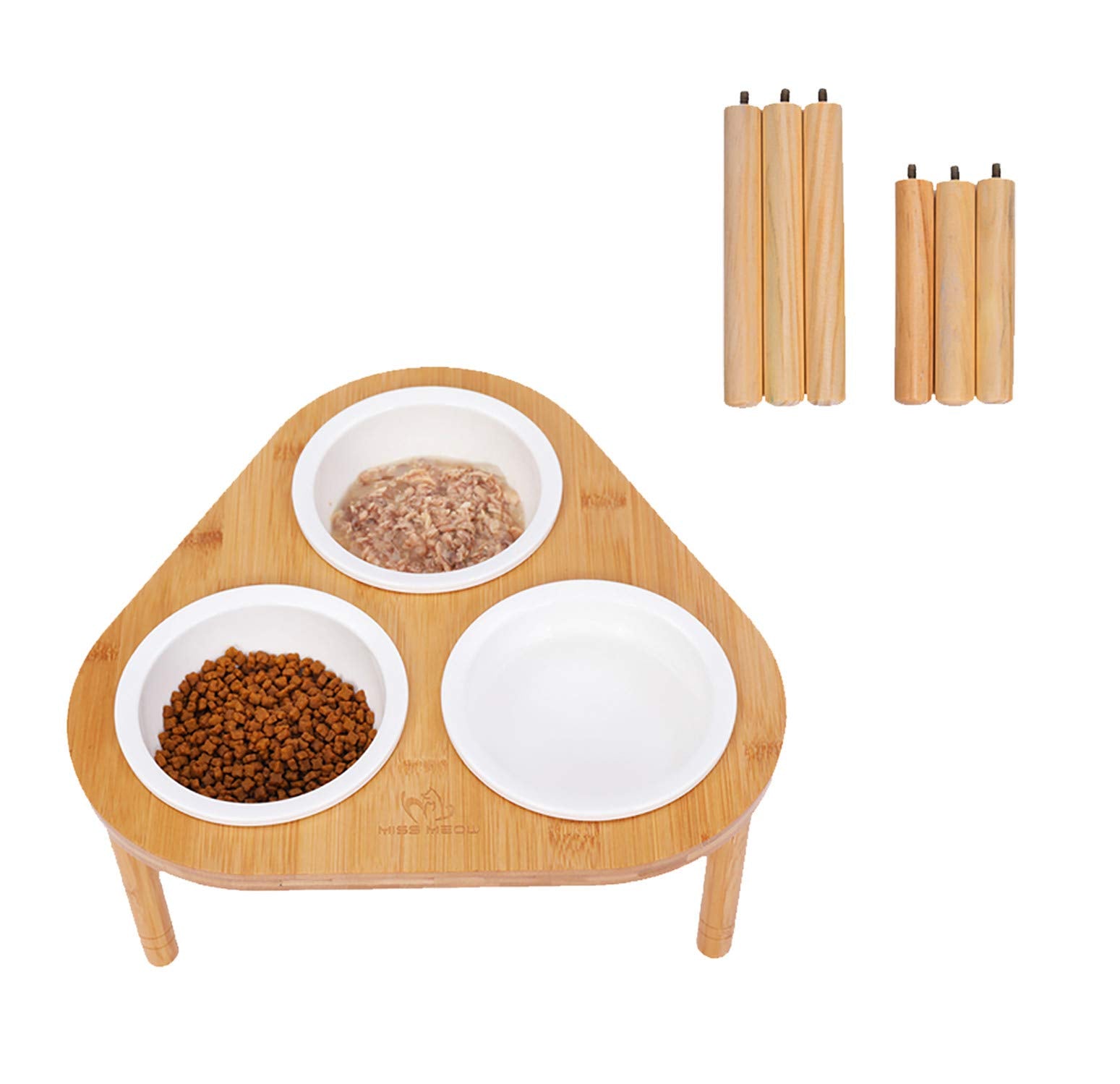 Miss Meow Raised Cat Bowls With Stand Feeder, Elevated Bamboo Stand With 3 Ceramics Bowls, Anti Slip And Removable Feet. (Ceramic Bowls)
