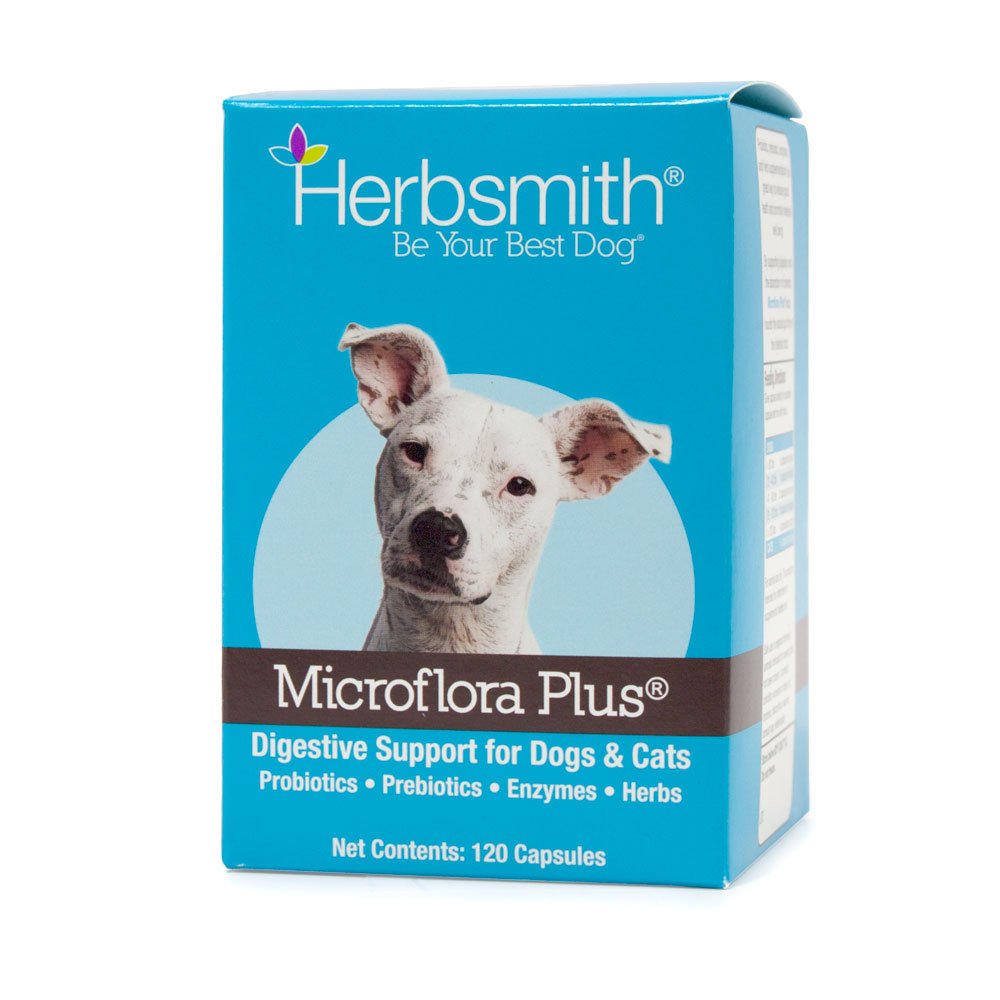 Herbsmith Microflora Plus - Dog Digestion Aid -Probiotics and Digestive Enzymes for Dogs - Prebiotic for Dogs - 120 Capsules