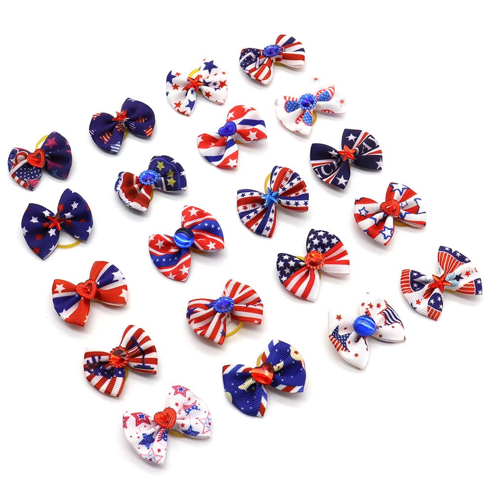 20Pcs/10 Pairs Patriotic Independence Day Decoration Yorkie Dog Puppy Hair Bows With Rubber Bands Hair Accessories Bow Pet Groom