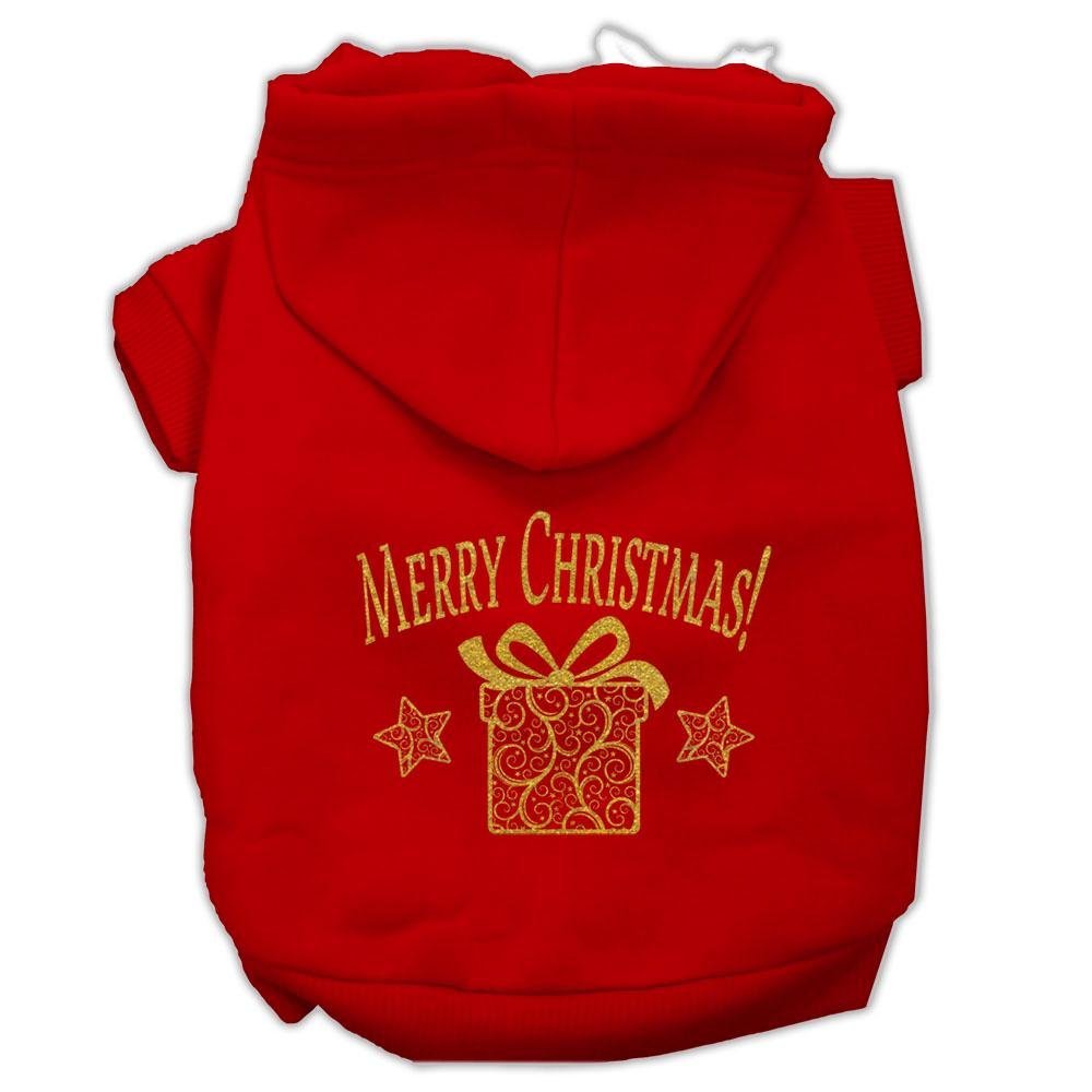 Christmas Pet Dog & Cat Hoodie Screen Printed, 'Golden Christmas Present' Red Xs (0-3 Lbs.)