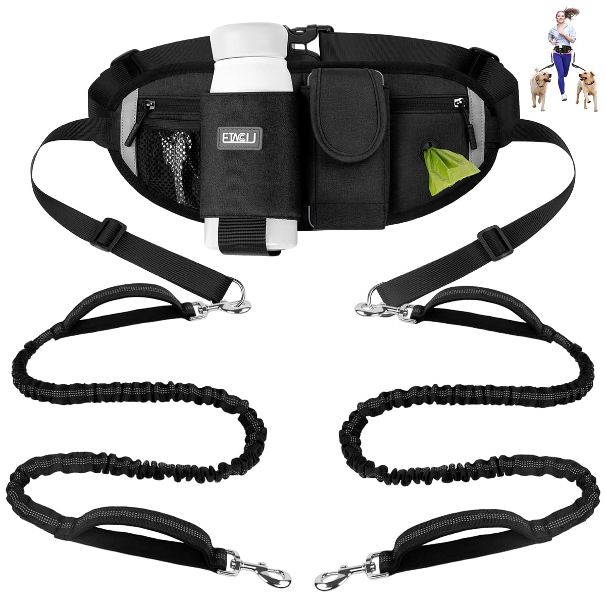 Etaccu Hands Free Dog Leash For 2 Dogs With Dual Heavy-Duty Traffic Handle, Retractable Dog Walking Belt, Adjustable Dog Running Waist Belt With Pouch, Reflective Stitches Leash For Jogging Black