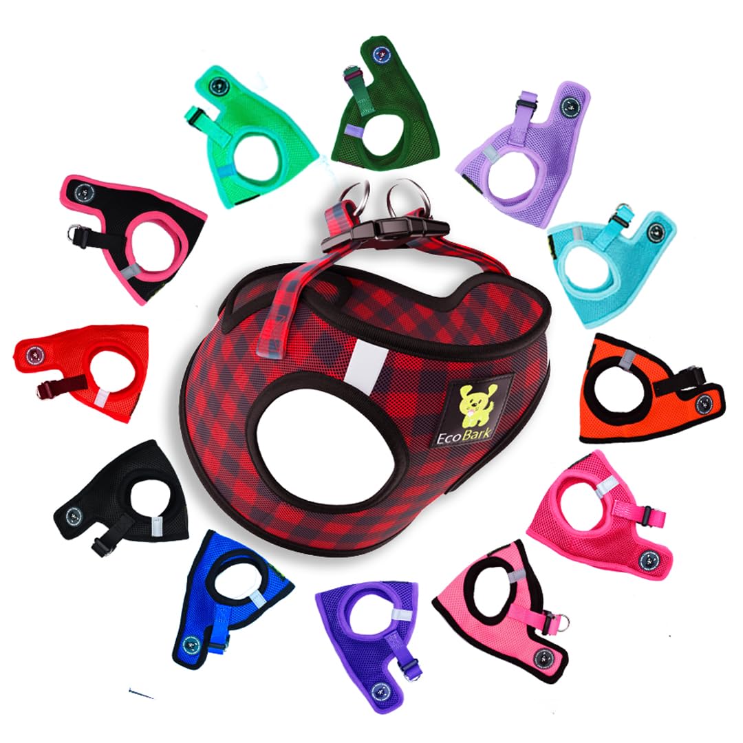 Ecobark Step In Dog Harness - Eco-Friendly Small Breed Dog Harnesses For Xs And Small Dogs - Reflective And Adjustable Mini Body Halter Vest - Tiny Soft Mesh Toy Breed Harness (Red Plaid, Small)